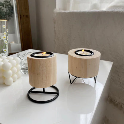 Retro Wooden Wrought Iron Candle Holder Home Accessories Ornaments